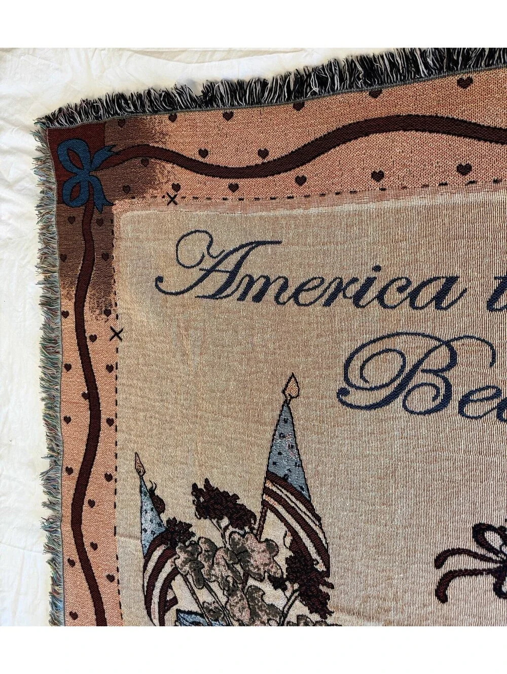 VTG America The Beautiful Tapestry Throw Blanket Patriotic Teddy Bear Heart EUC